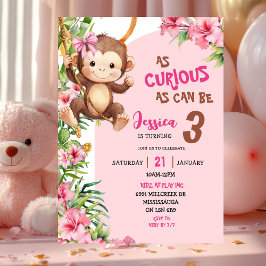 Pink Curious Monkey Savannah Theme Birthday Einladung