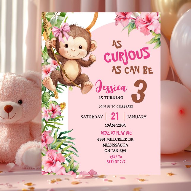 Pink Curious Monkey Savannah Theme Birthday Einladung (Von Creator hochgeladen)