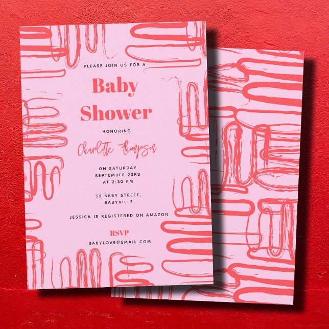 Pink Curve Wavy Squiggle Abstract Baby Shower Einladung (Pink Curve Wavy Squiggle Abstract Baby Shower Invitation)