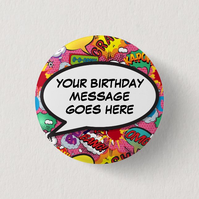Pink Custom Comic Book Birthday Party Favor Button (Vorderseite)
