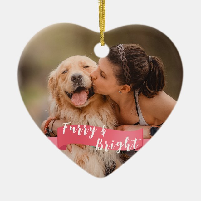 Pink Custom Dog Foto 2-seitige Happy Pawlidays Keramik Ornament (Vorne)