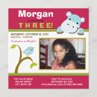 Pink Custom Hippo & Birdie Geburtstagsparty Einlad Einladung