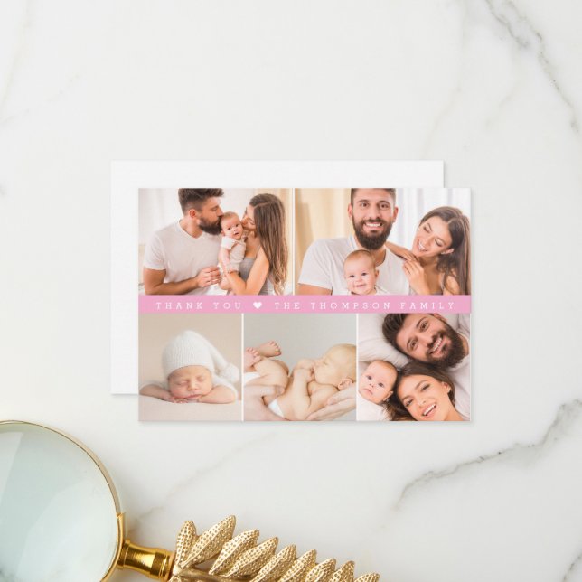 Pink Custom Photo Collage Baby Shower Dankeskarte (Vorderseite/Rückseite Beispiel)