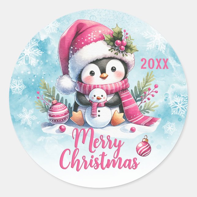 Pink Custom Year Niedlich Pinguin Frohe Weihnachte Runder Aufkleber (Vorderseite)