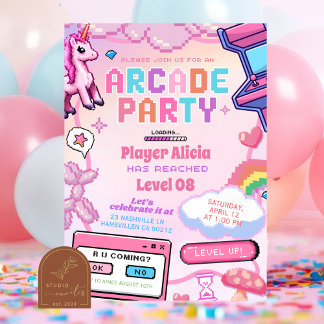 Pink Cute Arcade Game Girl Birthday Invitation Einladung