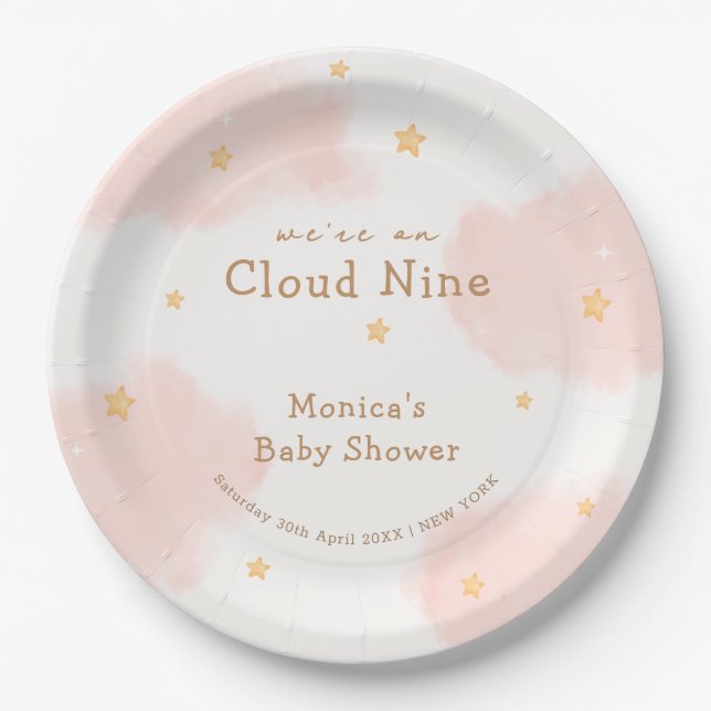 Pink Cute Cloud Nine Girl Baby Dusche Pappteller (Vorderseite)