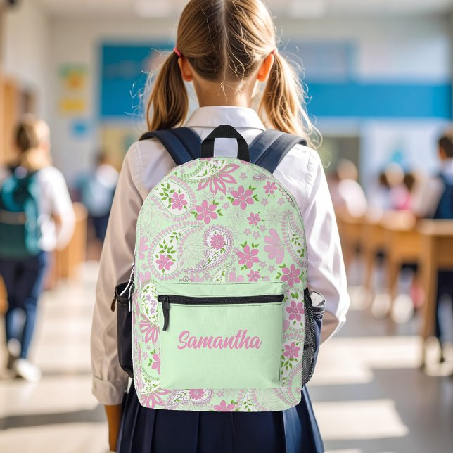 Pink Cute Paisley Pattern Personalized Bedruckter Rucksack (Pink and green paisley pattern personalized backpack.)