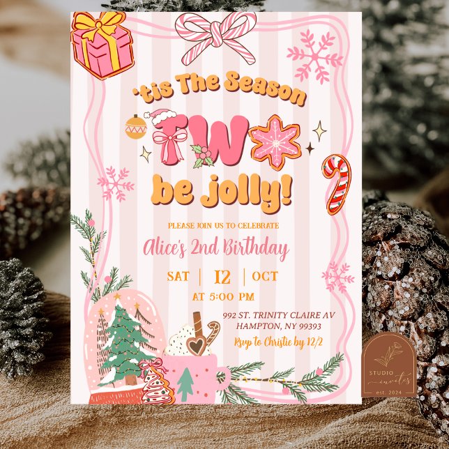 Pink Cute Retro Christmas Winter 2nd Birthday Einladung (Von Creator hochgeladen)