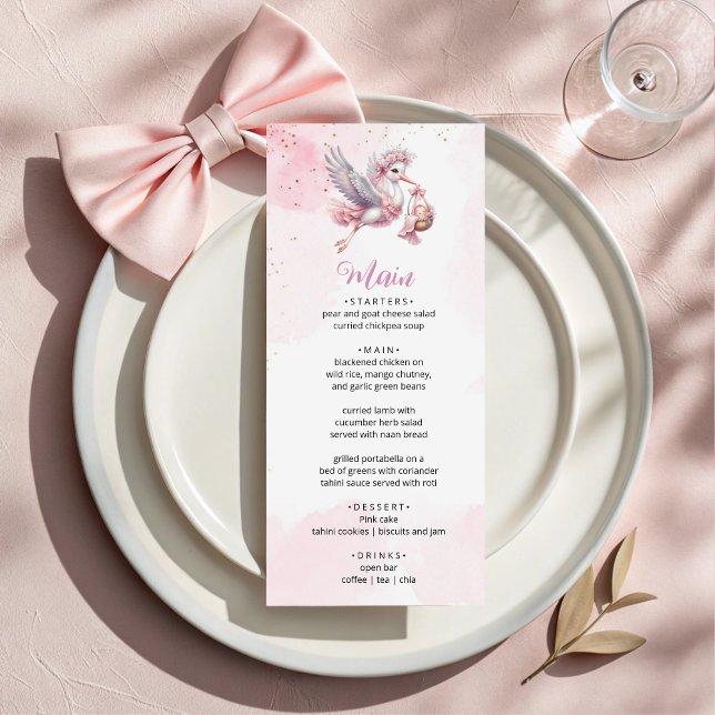 Pink & Cute Stork Baby Girl Shower Menu Card Menükarte (Von Creator hochgeladen)
