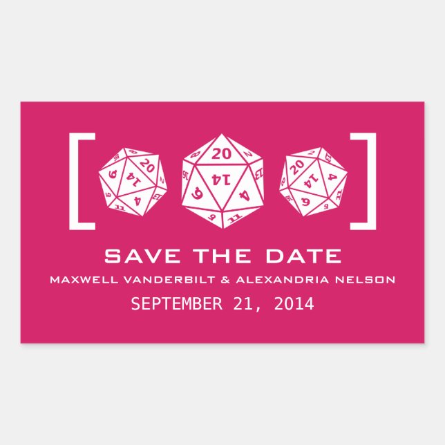 Pink D20 Dice Gamer Save the Date Stickers (Vorderseite)