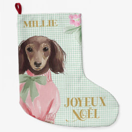 Pink Dachshund & Green Gingham Joyeux Noël Großer Weihnachtsstrumpf
