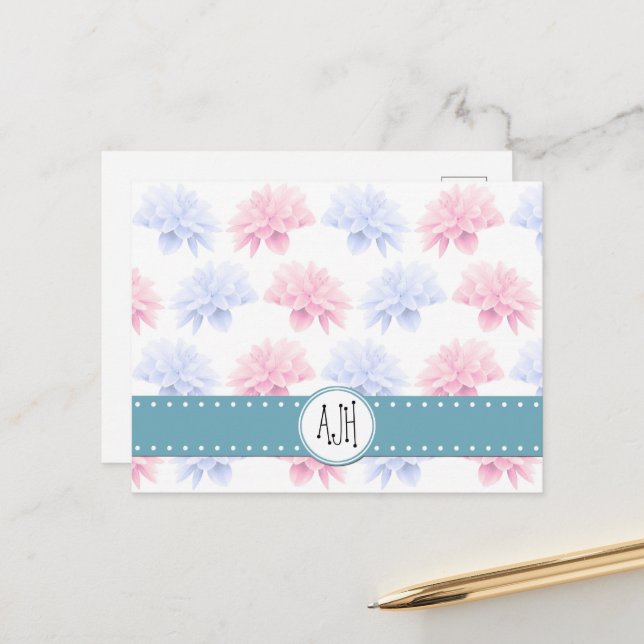 Pink Dahlia, Blue Dahlia, Blume, Monogramm Postkarte (Vorderseite/Rückseite Beispiel)