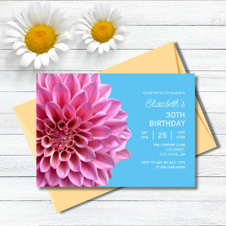 Pink Dahlia Floral Blue 30. Geburtstag Einladung