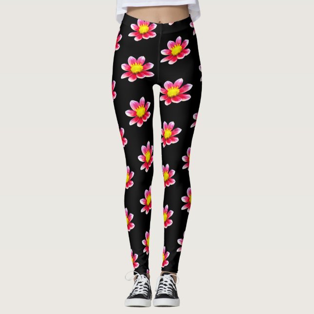 Pink Dahlia Floral Print Black Leggings (Vorderseite)