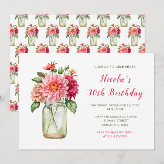 Pink Dahlias Mason Jar Birthday Party Einladung