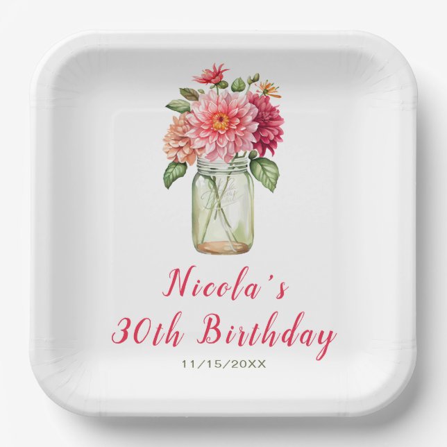 Pink Dahlias Mason Jar Birthday Party Pappteller (Vorderseite)