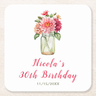 Pink Dahlias Mason Jar Birthday Party Rechteckiger Pappuntersetzer