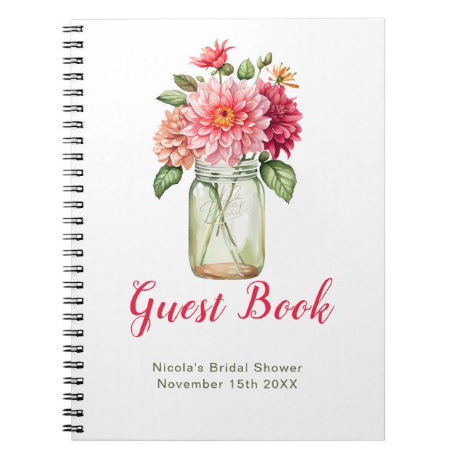 Pink Dahlias Mason Jar Bridal Shower Guest Book Notizblock (Vorderseite)