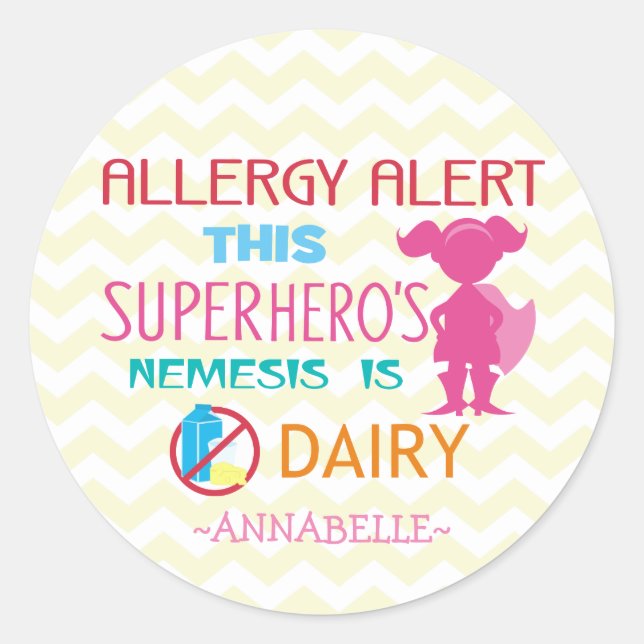 Pink Dairy Allergy Alert Superhero Girl Silhouette Runder Aufkleber (Vorderseite)