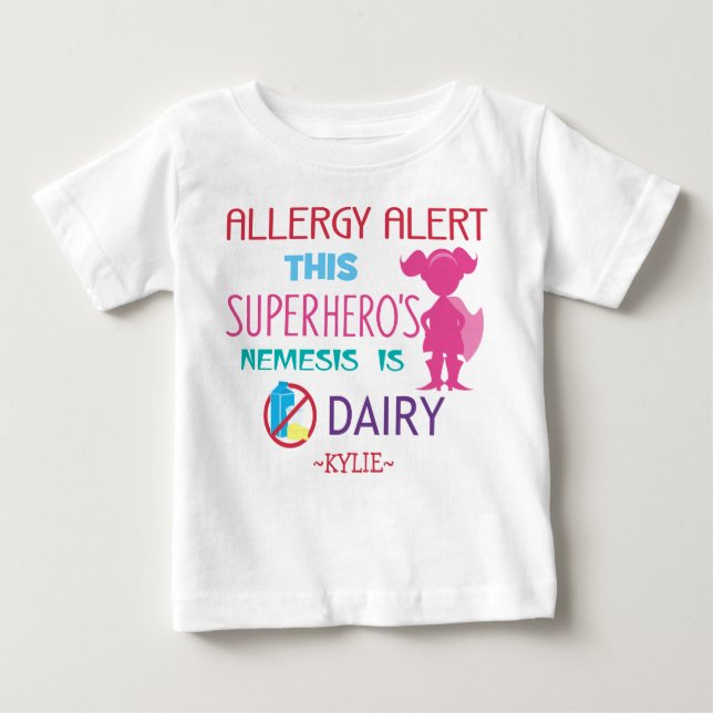 Pink Dairy Allergy Alert Superhero Girls Baby T-shirt (Vorderseite)