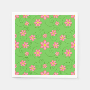 Pink Daisies and Bug Trails on Bright Green Serviette