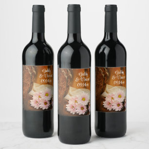 Pink Daisies and Cowboy Boots Western Wedding Weinetikett