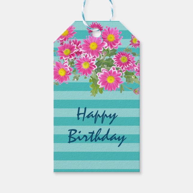 Pink Daisies auf türkisfarbenen Streifen Happy Bir Geschenkanhänger (Vorderseite)