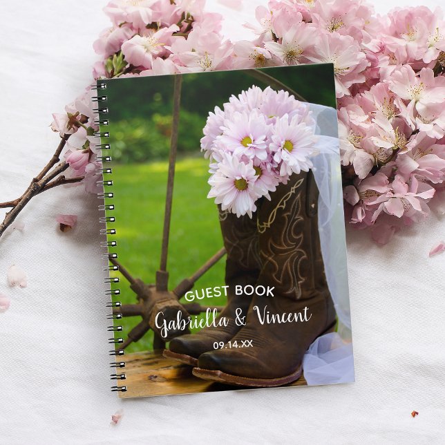 Pink Daisies Boots Western Wedding Guest Book Notizblock (Von Creator hochgeladen)