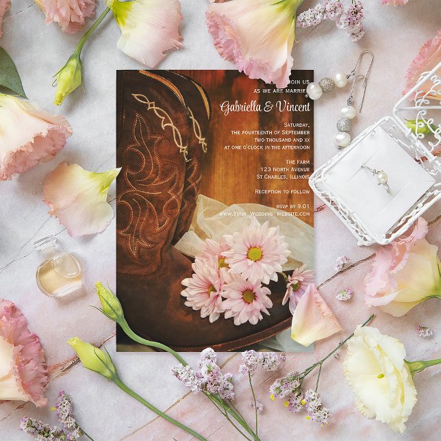 Pink Daisies Cowboy Boots Country Western Hochzeit Einladung (Von Creator hochgeladen)