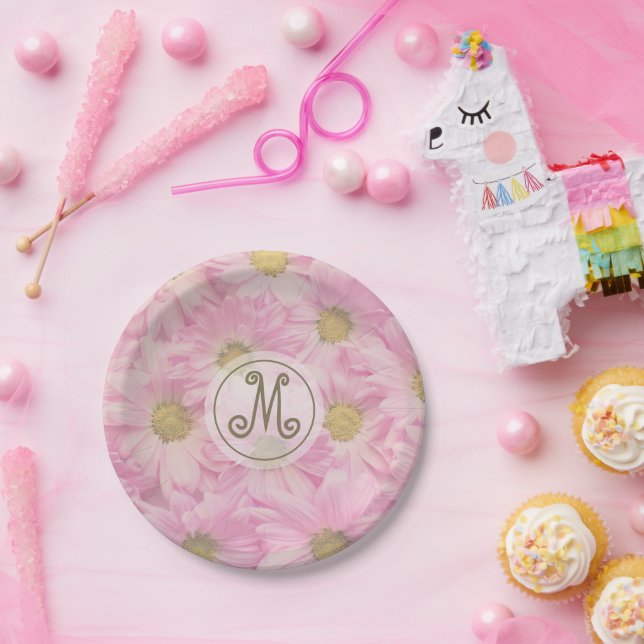 Pink Daisies Custom Gold Monogram Pappteller (Party)