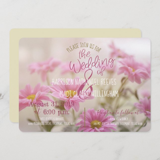 Pink Daisies Hochzeitseinladung Romantische Blume Einladung (Vorne/Hinten)