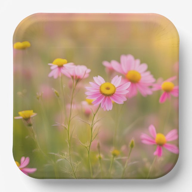 Pink Daisies Meadow Pappteller (Vorderseite)