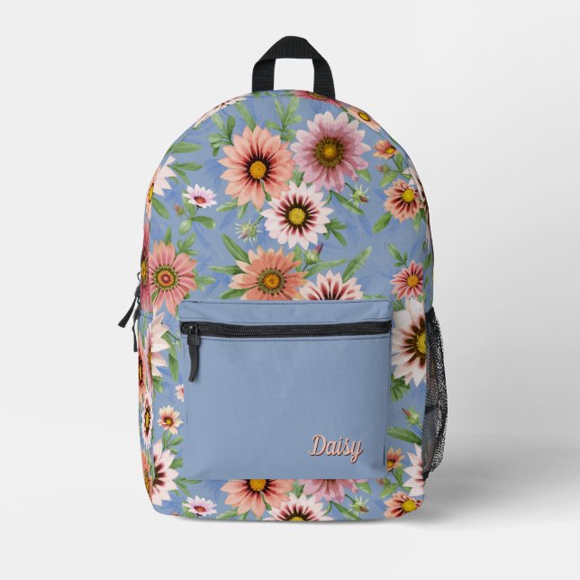 Pink Daisies Personalisierte botanische Kunst Bedruckter Rucksack (Vorderseite)