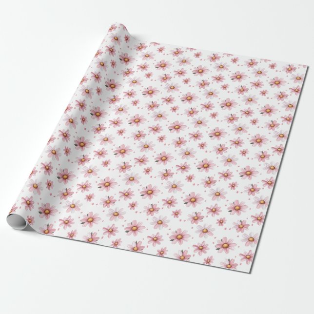 Pink Daisis & Dots auf Weiß Geschenkpapier (Ungerollt)