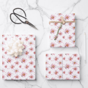 Pink Daisis & Dots auf Weiß Geschenkpapier Set
