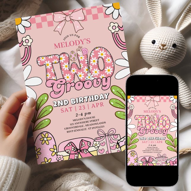 Pink Daisy 2nd Birthday Retro Birthday Einladung (Von Creator hochgeladen)