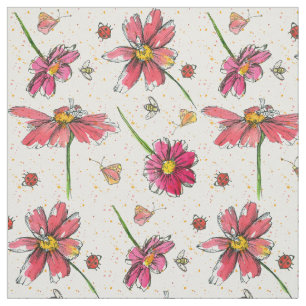 Pink Daisy Bees Ladybugs Stoff
