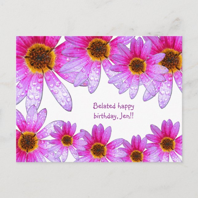 Pink Daisy Belated Happy Birthday Jen Postcard Postkarte (Vorderseite)