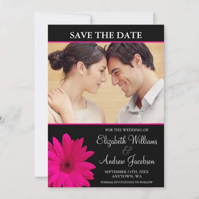 Pink Daisy Black Foto Save the Date (Vorderseite)
