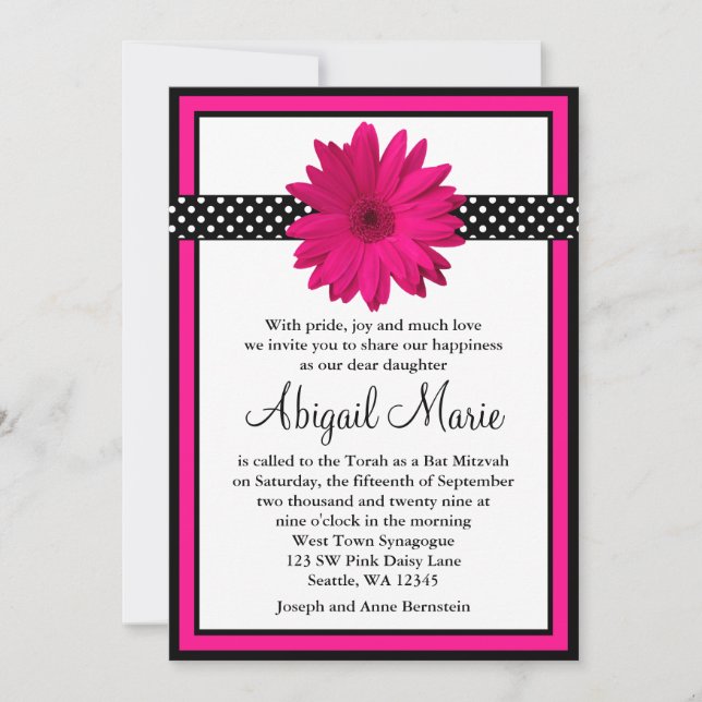 Pink Daisy Black Polka Dots Bat Mitzvah Einladung (Vorderseite)