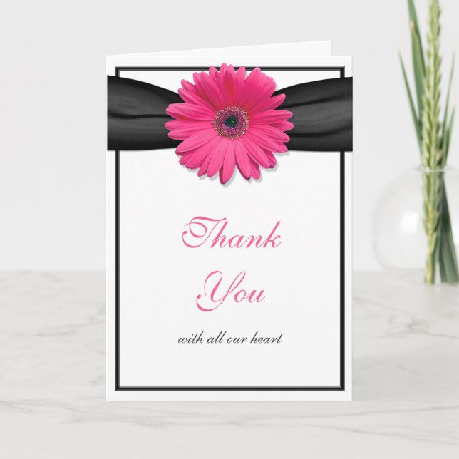 Pink Daisy Black Ribbon Wedding Vielen Dank Dankeskarte (Vorderseite)