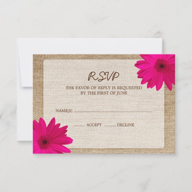 Pink Daisy Burlap Wedding RSVP Response Card (Vorderseite)
