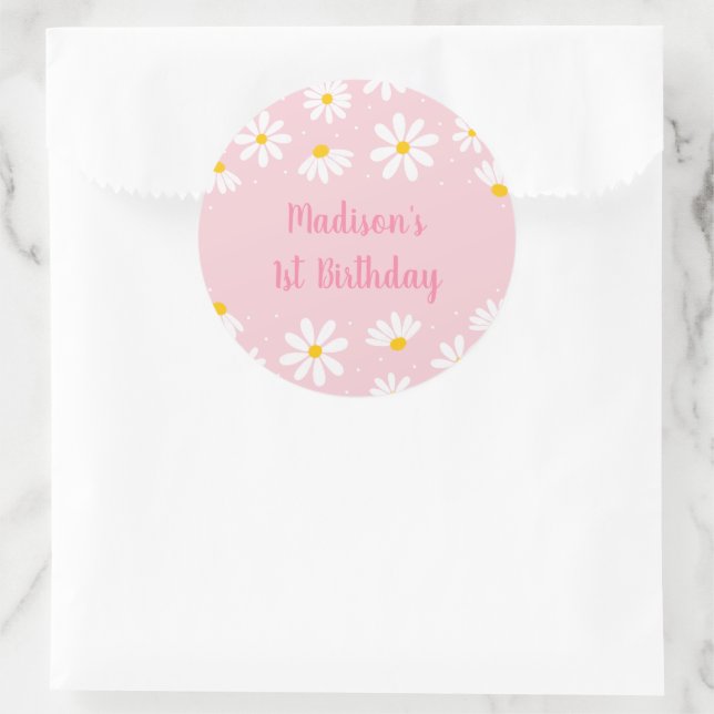 Pink Daisy Erster Geburtstag Runder Aufkleber (Tasche)