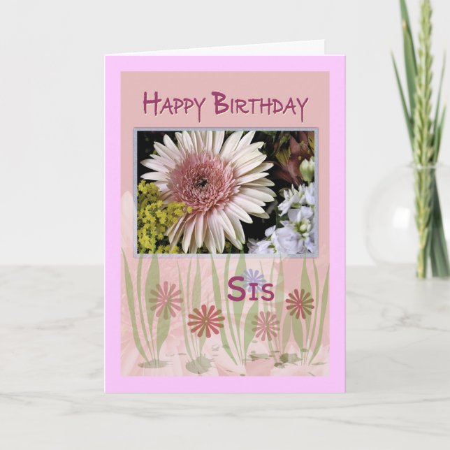 Pink Daisy Floral Bouquet, Schwester, Geburtstag Karte (Vorderseite)