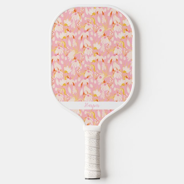 Pink Daisy Floral Pattern Personalized Name Cute Pickleball Schläger (Vorderseite)