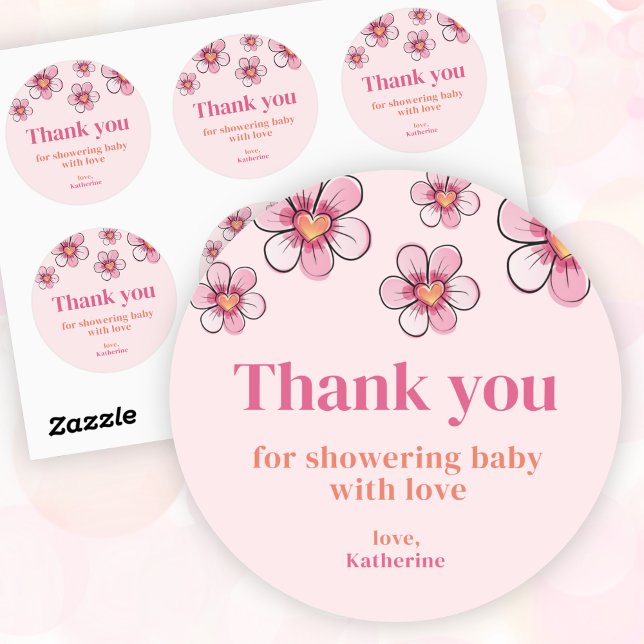 Pink Daisy Girl Baby Shower Thank You  Runder Aufkleber (Pink Daisy Girl Baby Shower Thank You Classic Round Sticker)