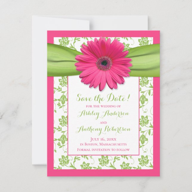 Pink Daisy Green Floral Damask Wedding Save The Date (Vorderseite)