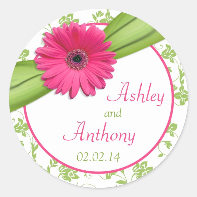 Pink Daisy Green White Floral Wedding Stickers (Vorderseite)