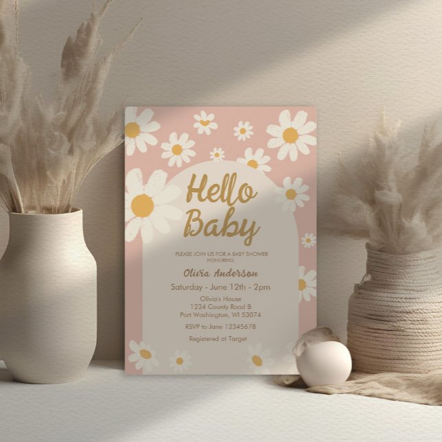 Pink Daisy Hello Baby Retro Baby Dusche Einladung (Von Creator hochgeladen)