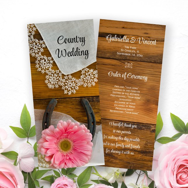 Pink Daisy, Lace and Horseshoe Western Wedding Programm (Von Creator hochgeladen)